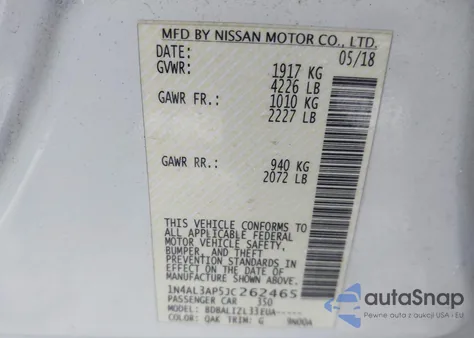 2018 Nissan Altima 2.5 Sv z USA, uszkodzony, nr VIN 1N4AL3AP5JC262465